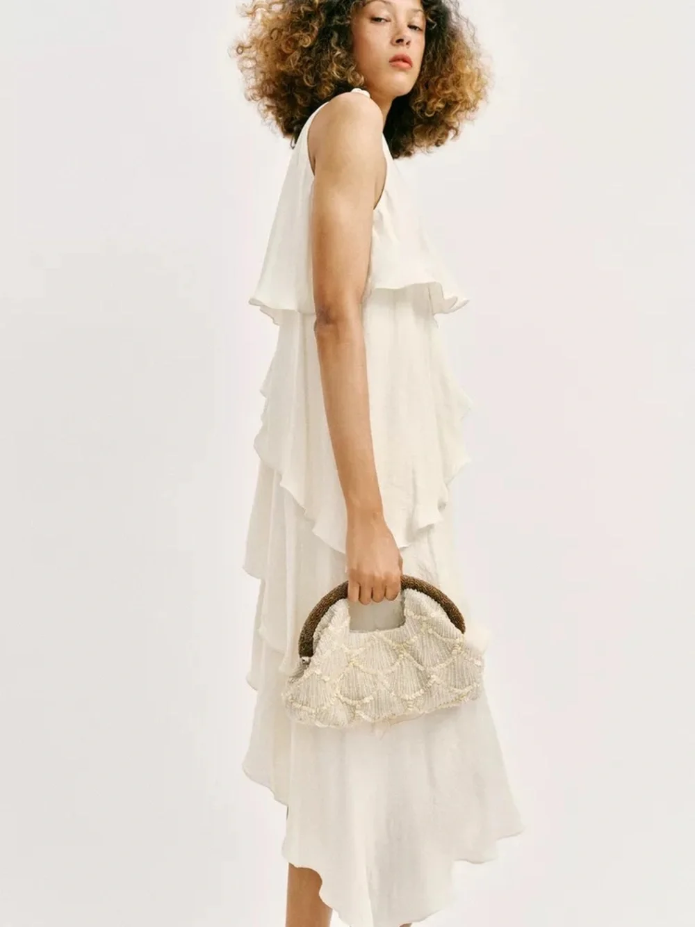 Zara Beaded Cream and Brown Top-Handle Bohemian Evening Bag